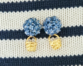 Blue Hydrangea Basket Earrings, New England Summer Earrings, Preppy Hydrangea Earrings, Gold Basket Earrings