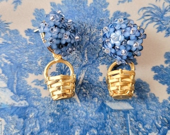 Blue Hydrangea Basket Earrings, New England Summer Earrings, Preppy Hydrangea Earrings, Gold Basket Earrings