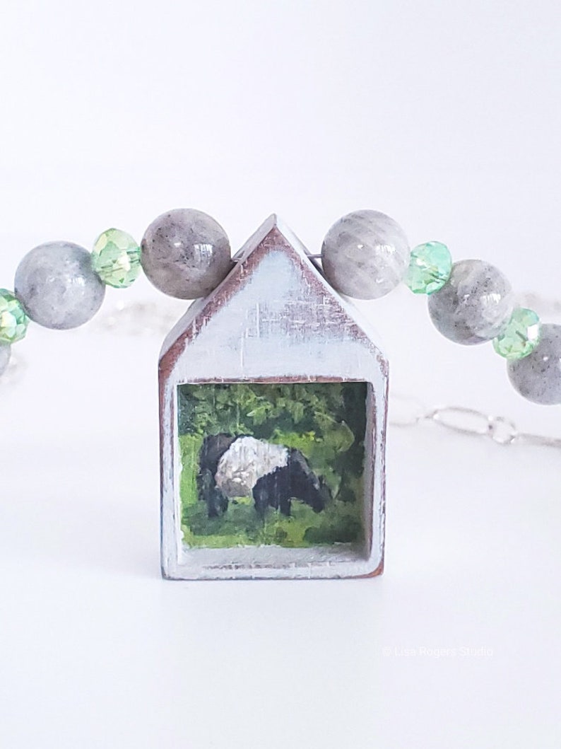 Rustic Country Necklace Miniature Painted Belted Galloway Cow Necklace Shabby Chic Jewelry Handmade Painted Necklace