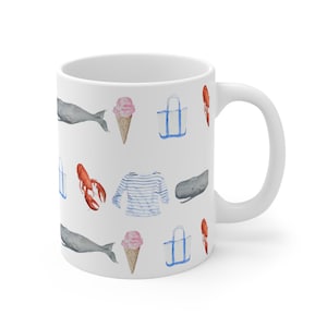 Whimsical Coastal-Themed 11oz Mug, Original Watercolor Art Print Preppy Mug, Nautical Gift,  Whale and Lobster Art