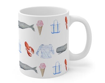 Whimsical Coastal-Themed 11oz Mug, Original Watercolor Art Print Preppy Mug, Nautical Gift,  Whale and Lobster Art