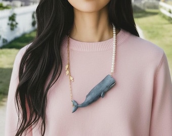 Custom Hand-Painted Whale and Pearl Statement Necklace, Multimedia Preppy Necklace