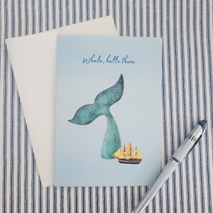 Whale Hello Card, Whale Tail and Tiny Clipper Ship Card, Nautical Whale Preppy Card