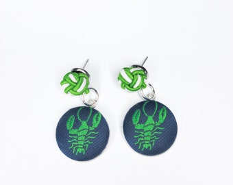 Silk Lobster Button Earrings Green and White Knots, Preppy Earrings, Coastal Earrings, Upcycled Silk, Monkey Fist Knot Earrings