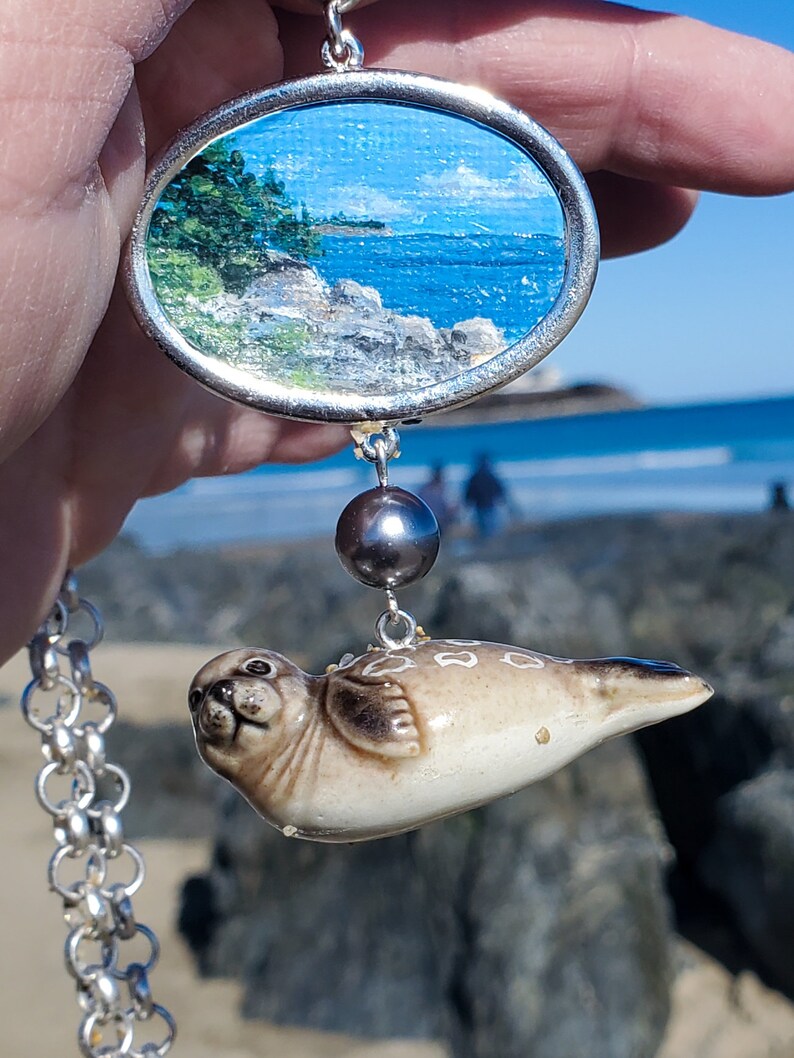 Seal by the Sea Hand Painted Pendant Necklace Coastal Inspired Jewelry Miniature Painting Necklace