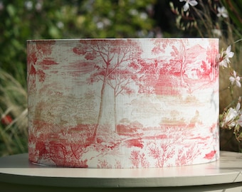 Landscape trees lampshade, red cream toile de jouy shade for lamp or ceiling pendant