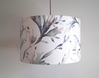 Seaweed Lampshade | grey watercolour on white handmade drum shade