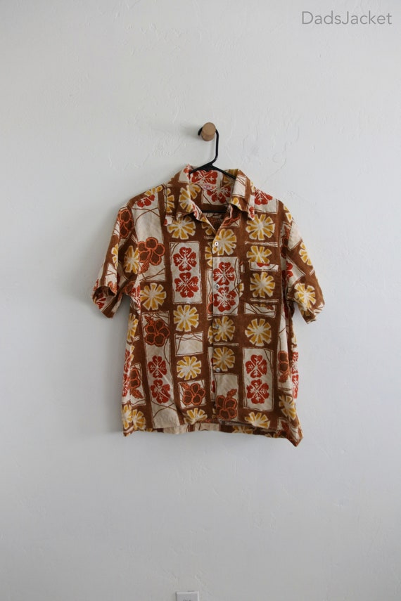 70s Barkcloth Hawaiian Sears Button Shirt Large