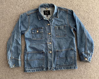 Jaren 90 denim Chore vintage knoopjack voor dames, klein