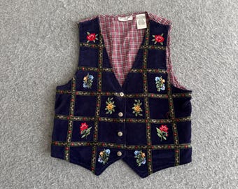 Fluwelen vest met bloemenprint uit de jaren 90, maat Petite Large