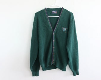Knit Cardigan Golf Embroidered Forest Green Sweater 80s Medium