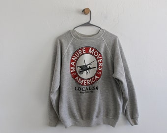 80s Grey Heather Raglan Manure Movers America 80s Sweatshirt Large