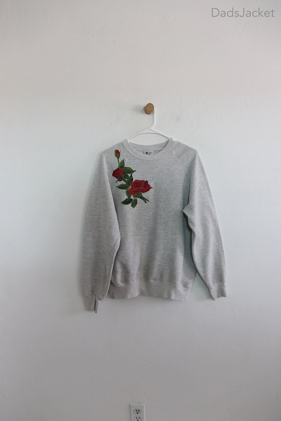 80s Gray Heather Raglan Rose Floral Art Sweatshirt