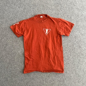 May include: Burnt orange t-shirt with a white triangle logo on the chest and text on the left sleeve. The shirt has a crew neck and short sleeves. The fabric appears to be a soft cotton blend.
