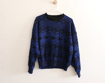 Blue Knit Tribal Acrylic Sweater Large