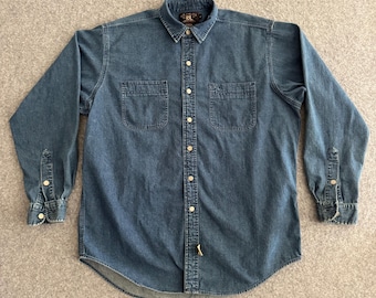 Camisa vintage de manga larga con botones metálicos y doble botonadura de mezclilla Ralph Lauren Double RL, talla grande.