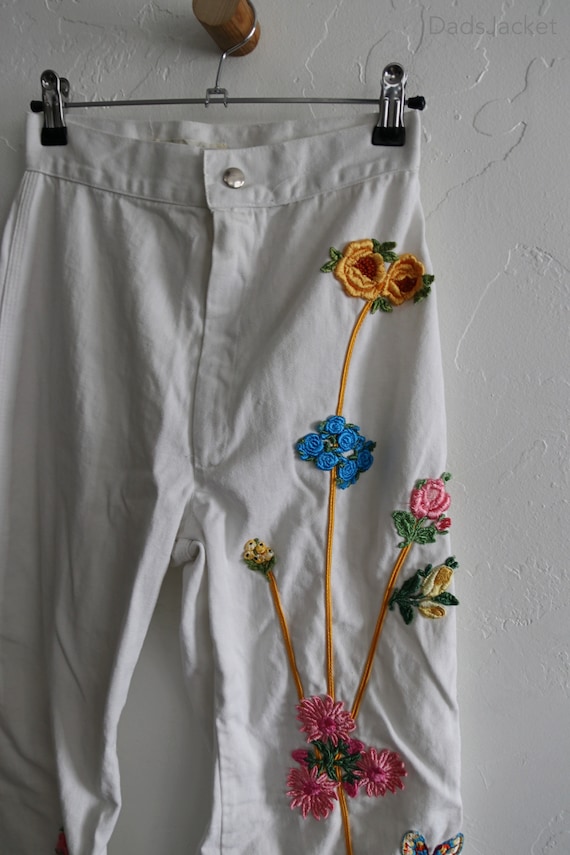 70s Embroidered Butterfly Floral High Waist White Flare Leg