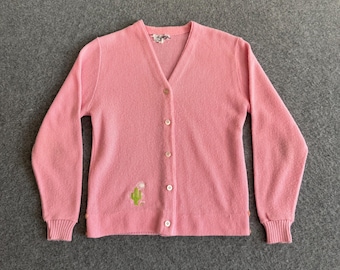 Pink Knit Cactus Embroidered Cardigan Acrylic 80s Women's Haymaker Medium