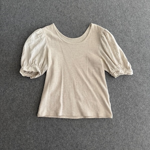 Jersey Knit and Linen Puff Sleeve Blouse Top Beige Medium