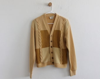 Knit 60s Campus Cardigan Tan Colorblock Button Acrylic Sweater Small