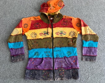 Y2K Hippie Peace Boho Kristal Patchwork Hoodie met rits, damesmaat M