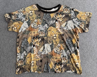 Africa Safari 90s All Over Print Nature Cheetah Tiger Giraffe Tee Medium
