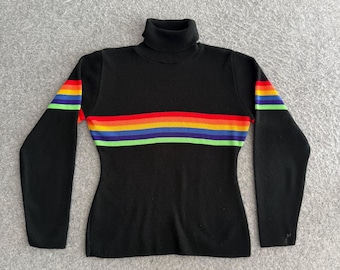 Rainbow Striped Knit Turtleneck 80s Sweater Medium