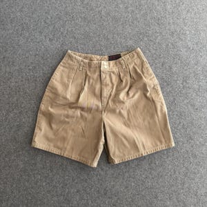 Khaki Pleated Denim Double Button 80s High Waist Shorts 26&quot;