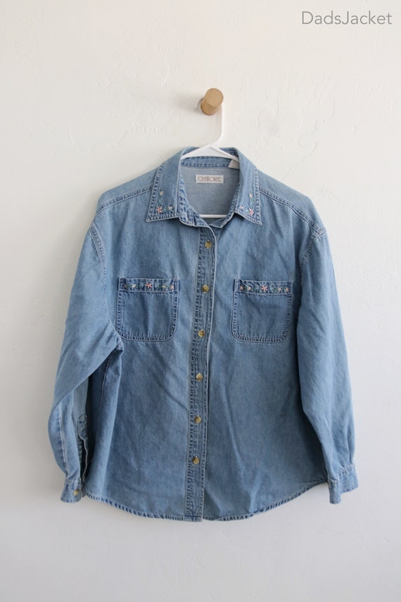 90s Chambray Denim Embroidered Button Long Sleeve… - image 2