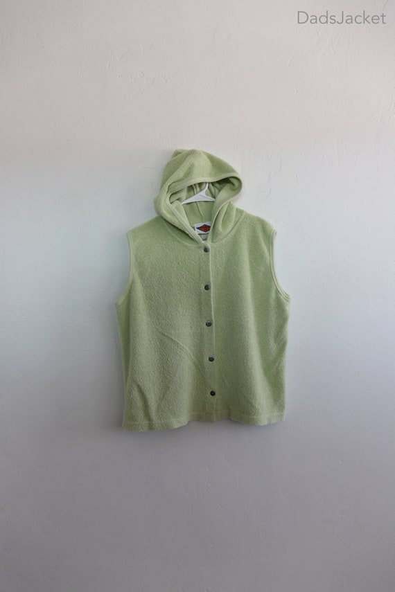 Vintage Towel Hoodie Button Sleevless Green Shirt 