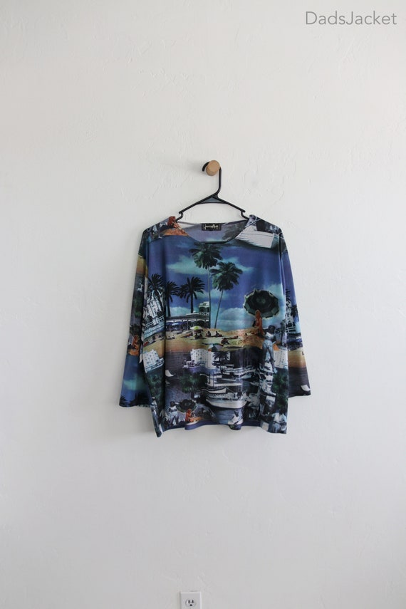 70s Beach Photo Blouse Shirt Womens XL