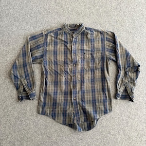 Mandarin Collar Distressed Flannel Long Sleeve Shirt Small