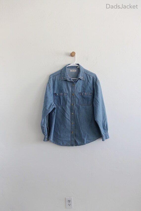 90s Chambray Denim Embroidered Button Long Sleeve… - image 1