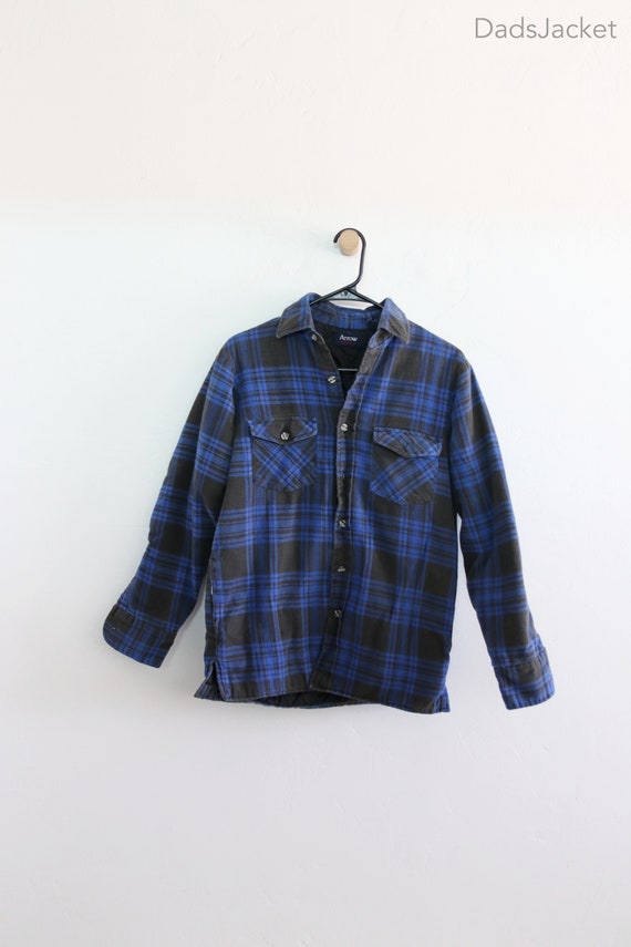 90s Blue Flannel Quilt Jacket with Pockets Small
