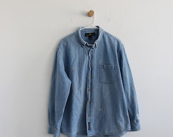 Denim Chambray Long Sleeve Button Distressed Painted Shirt Large