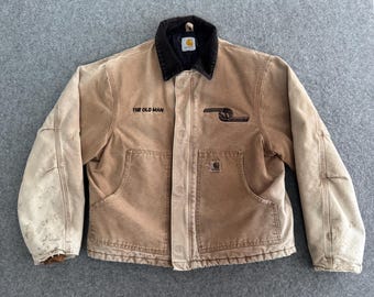 Vintage Carhartt Detroit The Old Man Embroidered Beige Quilt Lined Jacket Large