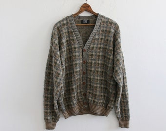 Knit 90s Plaid Cardigan Sweater XL
