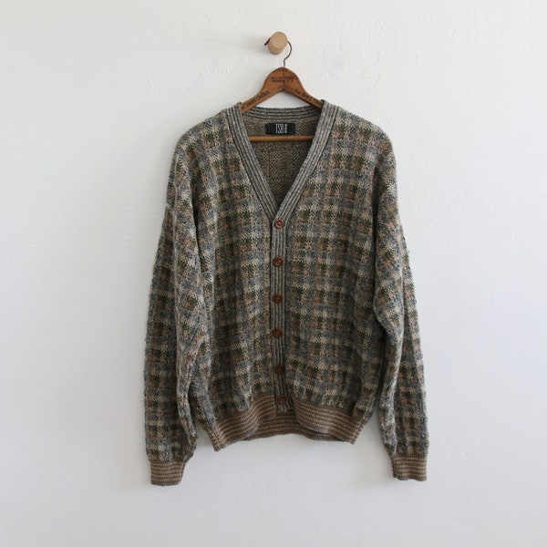 Knit 90s Plaid Cardigan Sweater XL