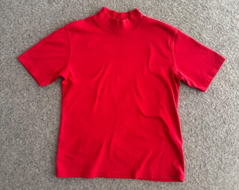 Blanco rood T-shirt met korte mouwen uit de jaren 80 met opstaande kraag, medium