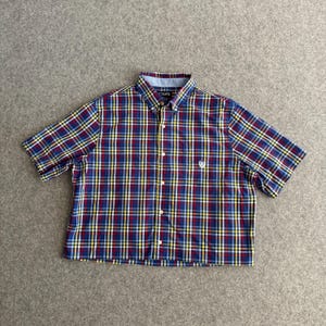 Crop Plaid Button Short Sleeve Shirt Men&#39;s XL