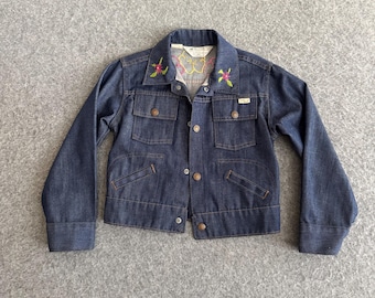 Kinder Vintage 70er Jahre JcPenny Selvedge Jeansjacke Bestickte Blümchen