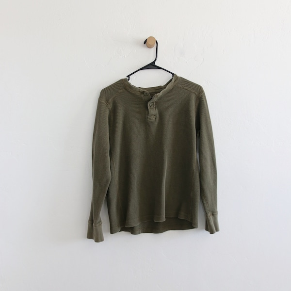 Green Olive Thermal Henley Long Sleeve Shirt Medium Womens