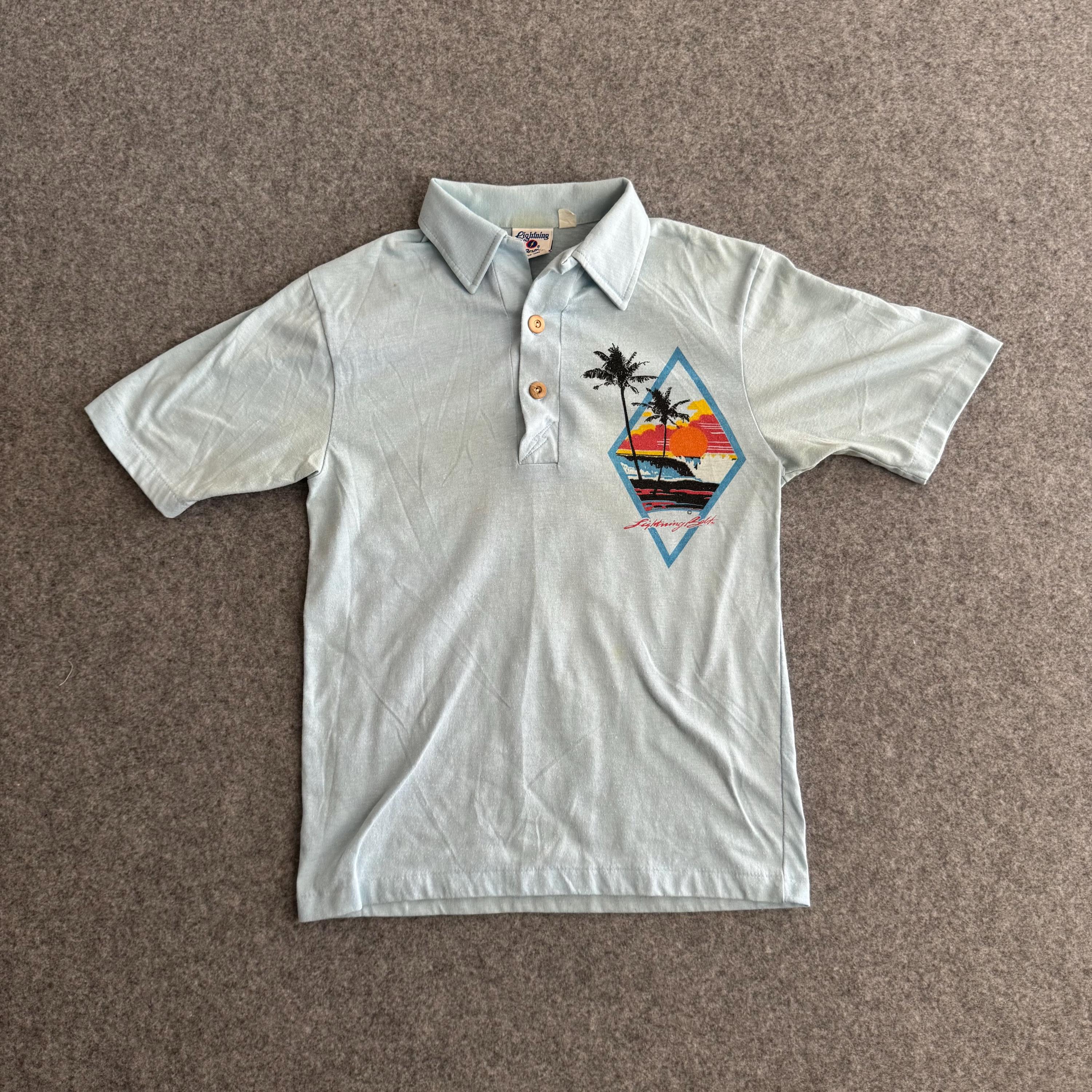 Vintage Lightning Bolt Surf Polo Shirt Beach Scene Wood Buttons