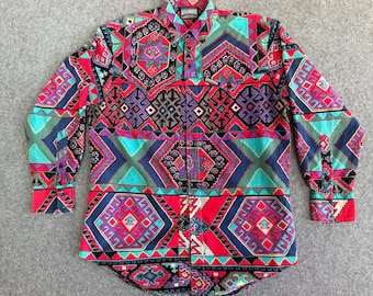 Aztec Tribal Rough Riders Western Long Sleeve Button Shirt Large
