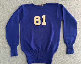 40s Wilson Wool Knit Letterman-trui blauwe trui #61, maat 42