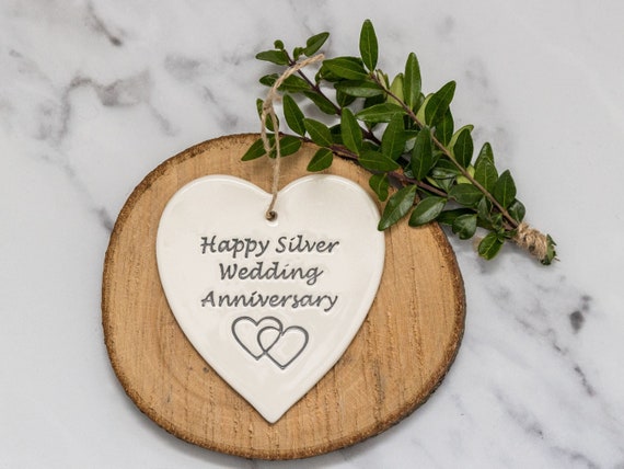 Happy Silver Wedding Anniversary heart. Handmade ceramic Gift for a 25th Wedding Anniversary Silver Anniversary Gift for her Gift for them Etsy Polska