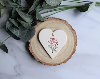 Handmade Ceramic Rose Heart Tag, England Flower Symbol (7.5cm x 6.5cm)
