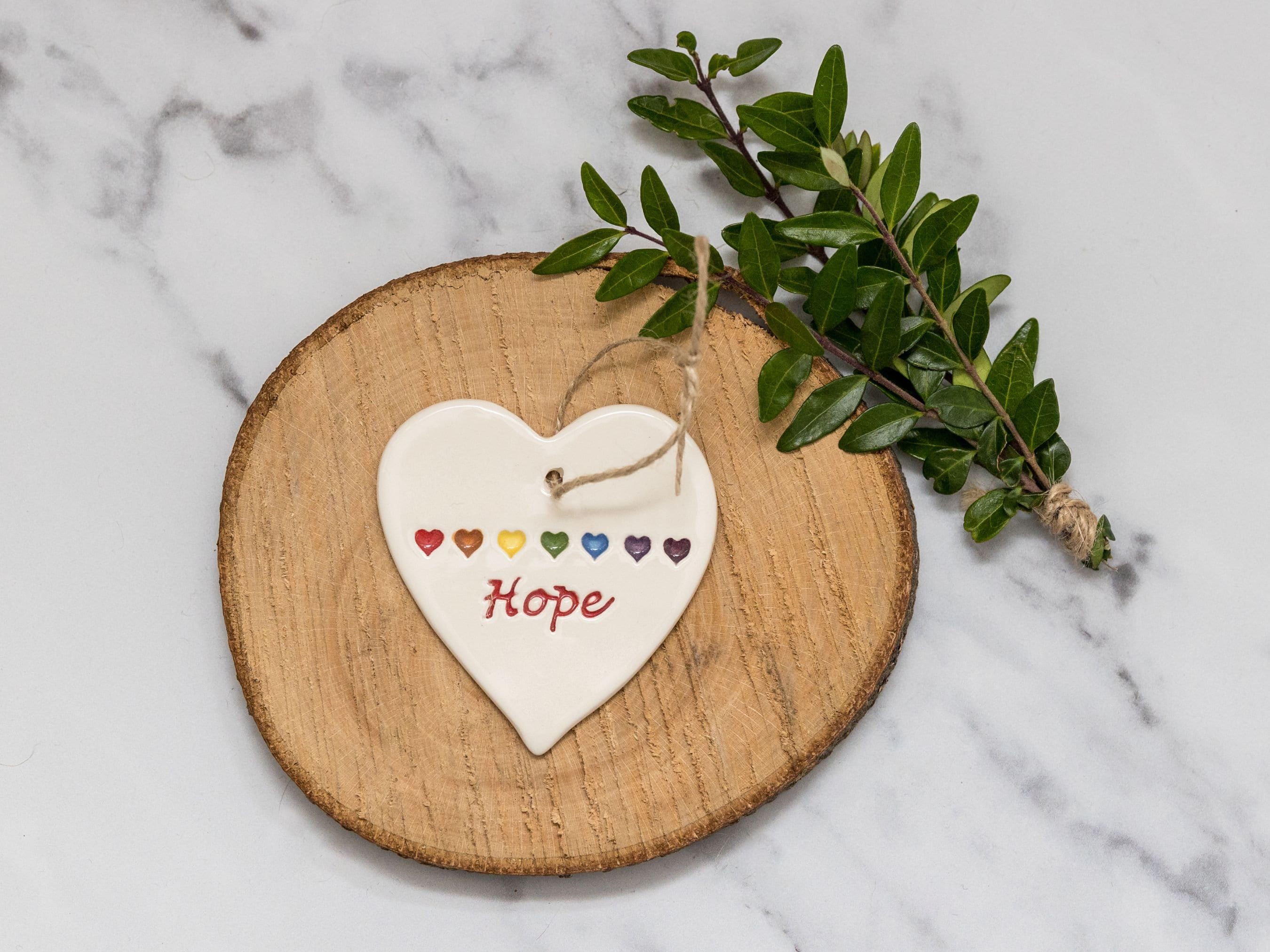 Hope, Handmade ceramic heart with Hope and 7 Rainbow hearts, Gift