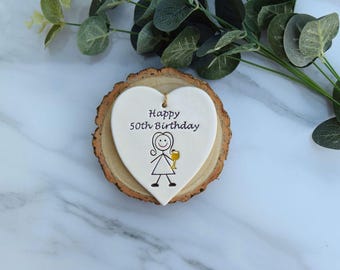 Happy 50th Birthday heart, Gift for a 50th Birthday, Handmade ceramic birthday heart