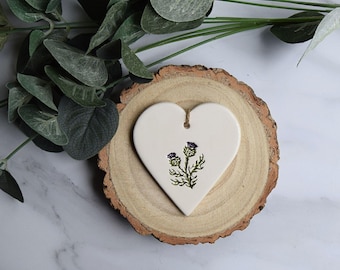 Handmade Ceramic Thistle Heart, Scottish Flower Tag